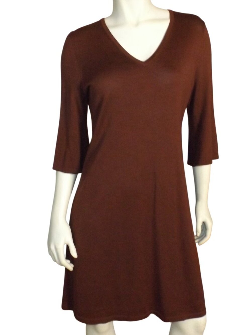PERUVIAN CONNECTION Knit Dress, M, Cayenne Brown, V-neck, 3/4 Sleeve, A-line